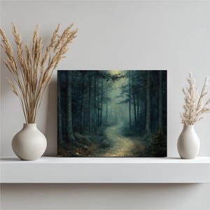 Forest path Dark forest Misty trees Wilderness art Landscape wall art Nature wall art Rustic decor Mist Landscape painting Nature decor