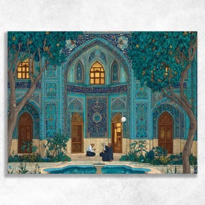 May include: An artistic rendering of an ornate turquoise building with arched doorways and windows. Two figures are seated in front of the building, and two trees frame the scene. A small pool of water is in the foreground.