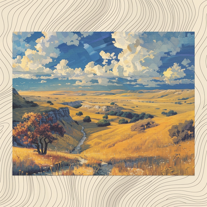 Elevate your decor with this Nebraska canvas art, featuring a detailed oil painting of the state's wide plains and historic trails, a mix of realistic artwork and nostalgic details fit for any room.