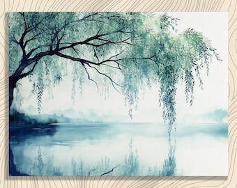Serene riverbank canvas wall art, willow tree painting high quality decor, Peaceful Decor for Livingroom, Office, Hallway, Toilet or Bedroom