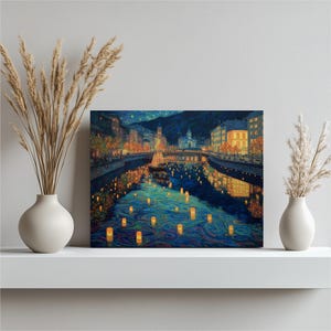 Vibrant Lantern River canvas wall art - colorful night sky painting floating lanterns river reflections boat and lights landscape print
