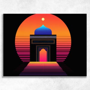 May include: A digital art print featuring a mosque with a blue dome, set against a vibrant sunset gradient of orange, pink, and yellow. A path of steps leads to the mosque's entrance, with a black background.