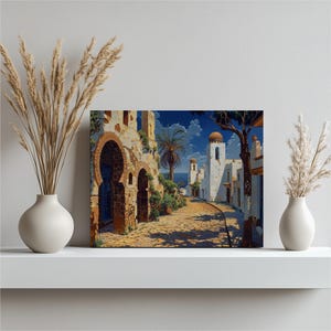 Tunisia Canvas Wall Art, Stunning Carthage Inspired Oil Painting with Traditional Ceramics Decor, Wall Hanging for Entrance and Living Room