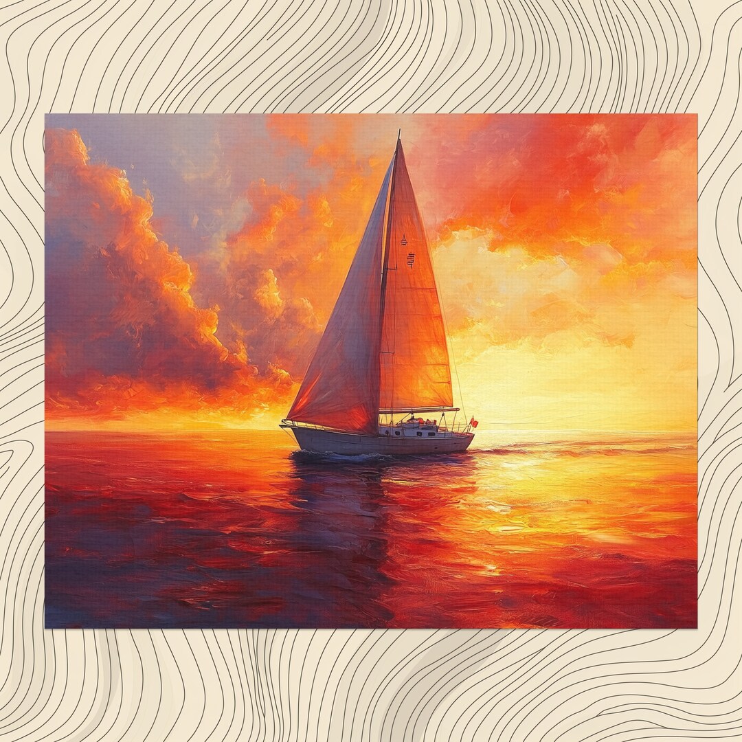 Sunset Sailboat Journey Canvas Wall Art, Nautical Decor Adventure