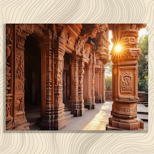 Ancient Temple Corridor Canvas Wall Art – Sandstone pillars relief sculpture sunlit passage heritage architecture vintage decor