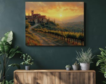 Könnte beinhalten: Leinwanddruck einer toskanischen Landschaft bei Sonnenuntergang. Das Kunstwerk zeigt einen Weinberg, eine kurvenreiche Straße und ein Dorf mit Glockenturm. Der Himmel ist in warmen Orange- und Gelbtönen gehalten und die Szene strahlt Ruhe aus.