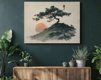 Tranquil Japanese Pine Canvas Wall Art – Sumi e ink painting pine tree sunrise landscape print minimal decor zen nature gift idea