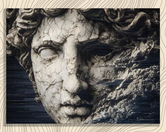 Glitch Classical Statue Canvas Wall Art – Fragmented marble bust greek sculpture print dark modern decor ancient roman aesthetic
