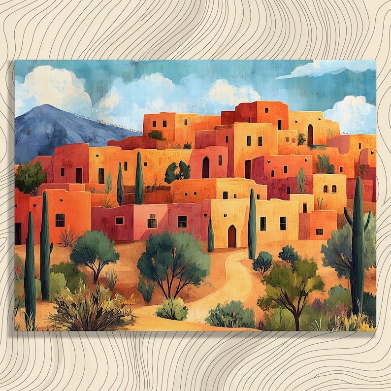 Santa Fe adobe village painting with stacked pueblo homes in warm earth tones under a blue sky.