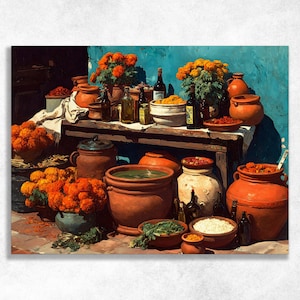 Lienzo decorativo para pared con diseño de mercado de cempasúchil mexicano: bodegón rústico con flores de terracota, decoración para el hogar mexicana, impresión colorida de estilo folclórico.
