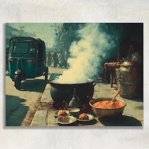 May include: An artistic rendering of a street food scene. A teal auto-rickshaw is parked on the left. A large pot of food steams in the center, with bowls of food and a large pot on the right. People are in the background.