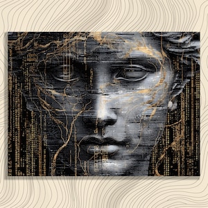 Peut inclure: Impression numérique d'un buste en niveaux de gris d'une figure classique avec des détails dorés. L'œuvre d'art a une apparence texturée et pixélisée avec des lignes dorées superposées au visage et aux cheveux.