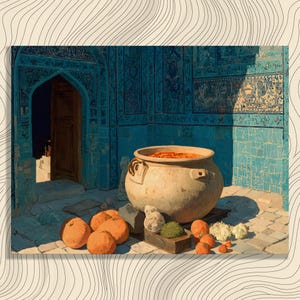 Uzbekistan canvas wall art Samarkand blue tile courtyard with kazan pot and pumpkins oil painting nostalgic travel decor print