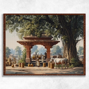 May include: A framed print depicting a rural scene with a traditional structure, a large tree, and a white cow. The artwork features figures in traditional attire, barrels, and decorative vessels, evoking a sense of cultural heritage and daily life.