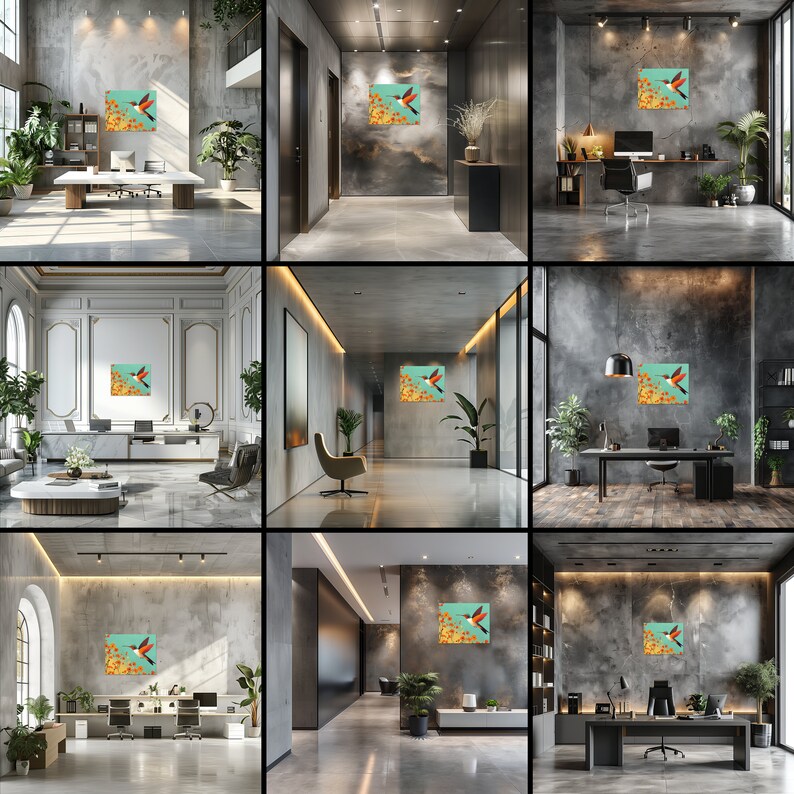 Vibrant Hummingbird Canvas Wall Art, Teal Sky and Orange Flowers Nature