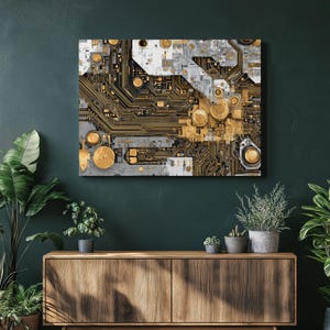 May include: A canvas print featuring a detailed circuit board design. The artwork showcases a complex network of gold, silver, and black components, with circular and rectangular elements. The overall aesthetic is modern and tech-inspired, suitable for home or office decor.