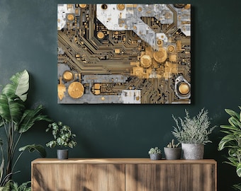 Modern Circuit Board Canvas Wall Art – Black and Gold Technology Abstract Electronics Design Industrial Geometric Pattern Print Gift