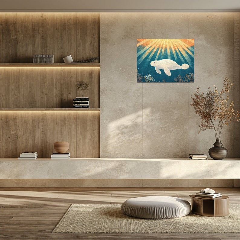 Manatee Canvas Wall Art, Ocean Decor Coral Reef Print Golden Rays Sea