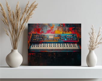 Lienzo decorativo con diseño vibrante de sintetizador: pintura abstracta colorida para amantes de la música, regalo único para la decoración de un estudio de música en casa.