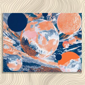May include: Abstract art print featuring a composition of spheres in shades of orange, blue, and pink. The spheres have textured patterns and are set against a background of swirling lines and dots. The artwork has a modern, geometric aesthetic.