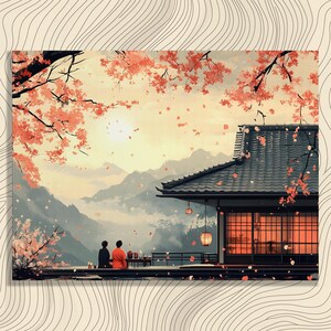 Japanese Cherry Blossom Canvas Wall Art – Serene Minimal Landscape Painting Traditional House Mountain Nature Print Decor Gift