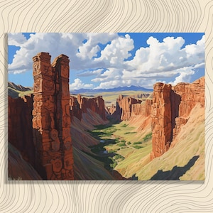 Charyn Canyon canvas wall art - Red rock canyon landscape print with nomadic patterns bold sky panorama nature decor gift for canyon fans