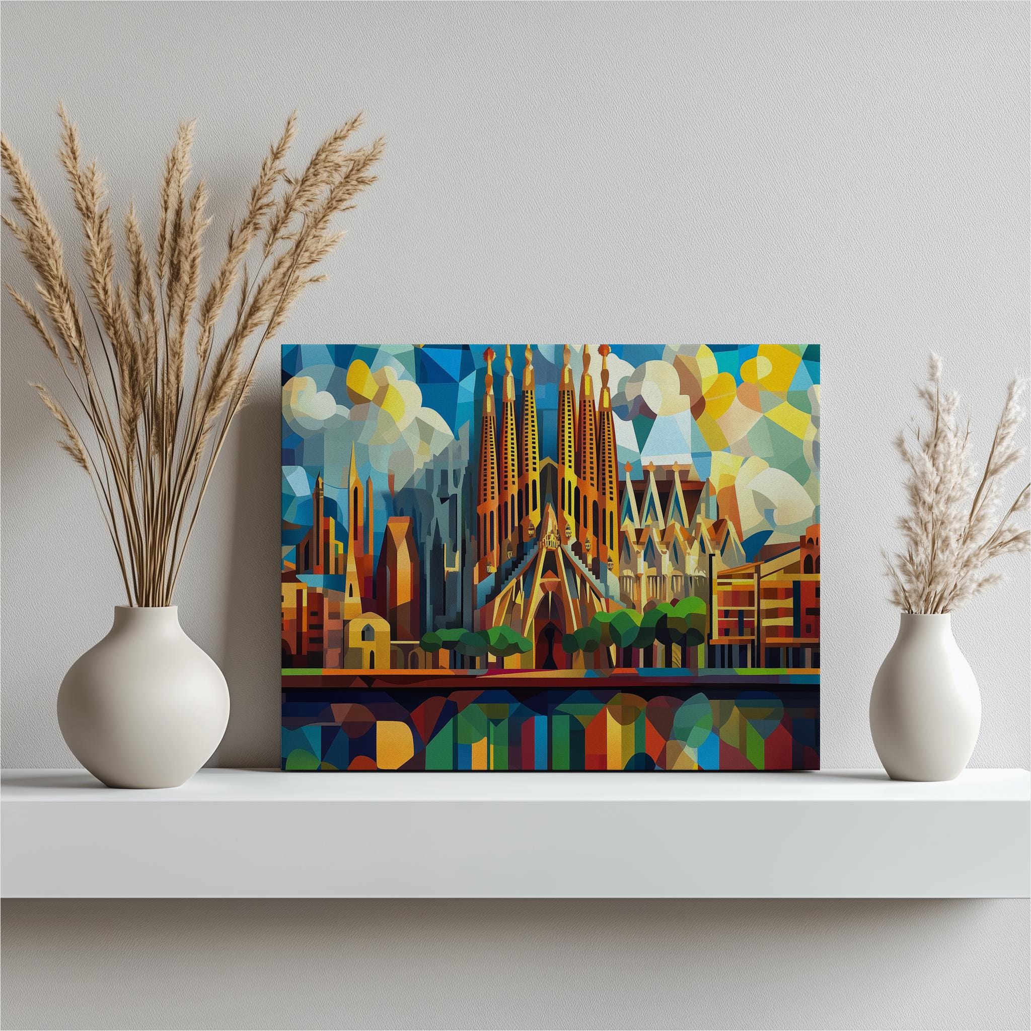 Spain Canvas Wall Art Sagrada Familia – Bold Geometric Cubist Painting of Barcelona Landmark in Vibrant Colors, Architectural Decor
