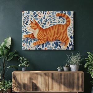 Orange Tabby Cat Floral Wall Decor Cat Art Home Decor Wall Art Stretched Canvas Whimsical Art Cats and Flowers Wall Art Canvas Art