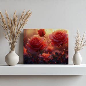 Romantic Red Rose Canvas Wall Art Print – Dewdrop Flower Painting for Home Decor, Vibrant Floral Gift, Soft Light Botanical Illustration