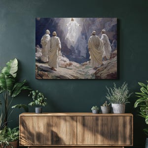 Transfiguration of Jesus canvas wall art – luminous classic biblical scene painting religious decor mountain landscape print faith gift