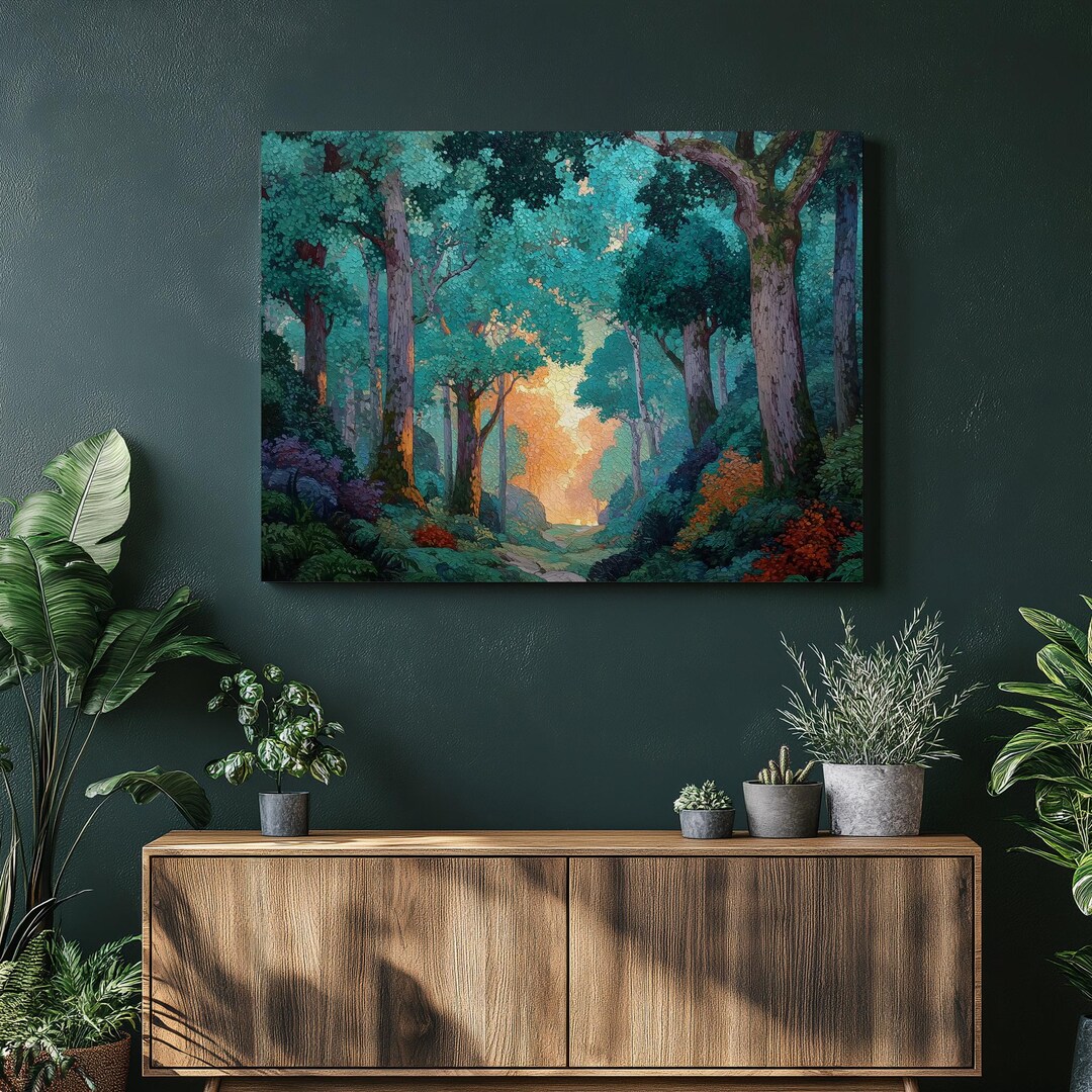 Colorful Forest Canvas Wall Art – Enchanted Woodland Landscape Sunlit ...
