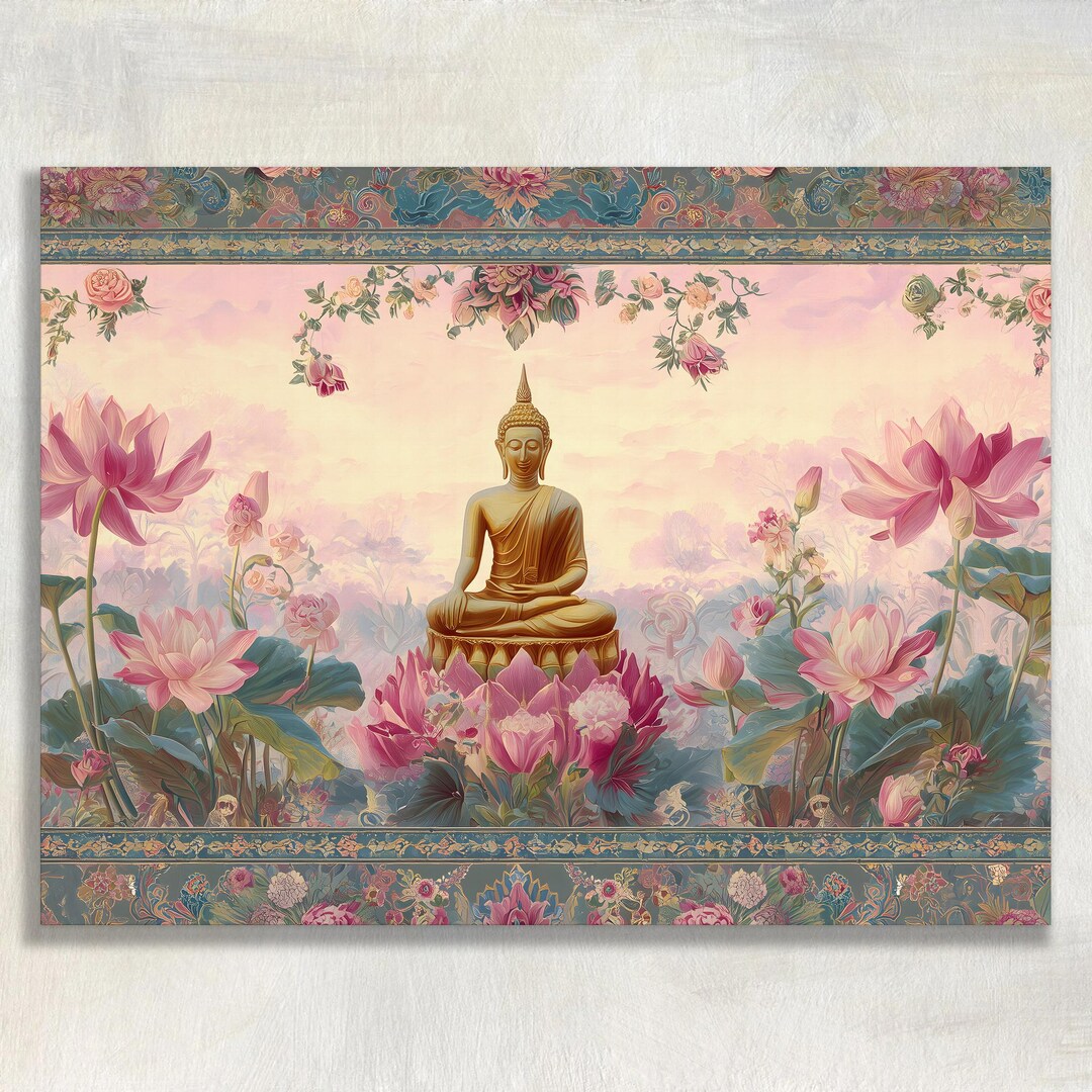 Buddha Lotus Canvas Wall Art Serene Thai Temple Mural Meditation Print ...