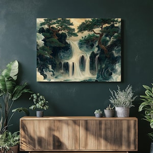 Chinese Ink Waterfall Pines canvas wall art, serene nature landscape painting home decor, elegant traditional Chinese art, tranquil pine