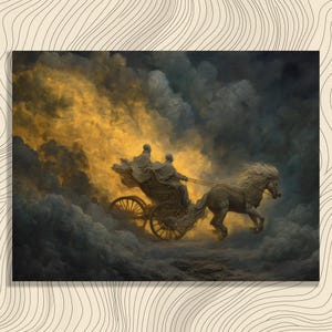 Lienzo decorativo de carro mitológico - Impresión artística romántica clásica de mitología griega con cielo dorado, nubes de tormenta y caballo, regalo