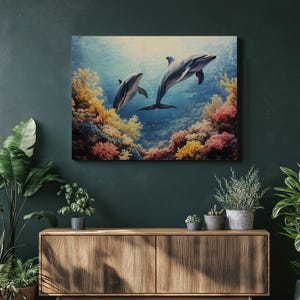 Lebendige Delfine Leinwanddruck - Bunte Meeresmalerei für Ozeanliebhaber, Sea Life Decor, perfektes Geschenk für Delfinbegeisterte