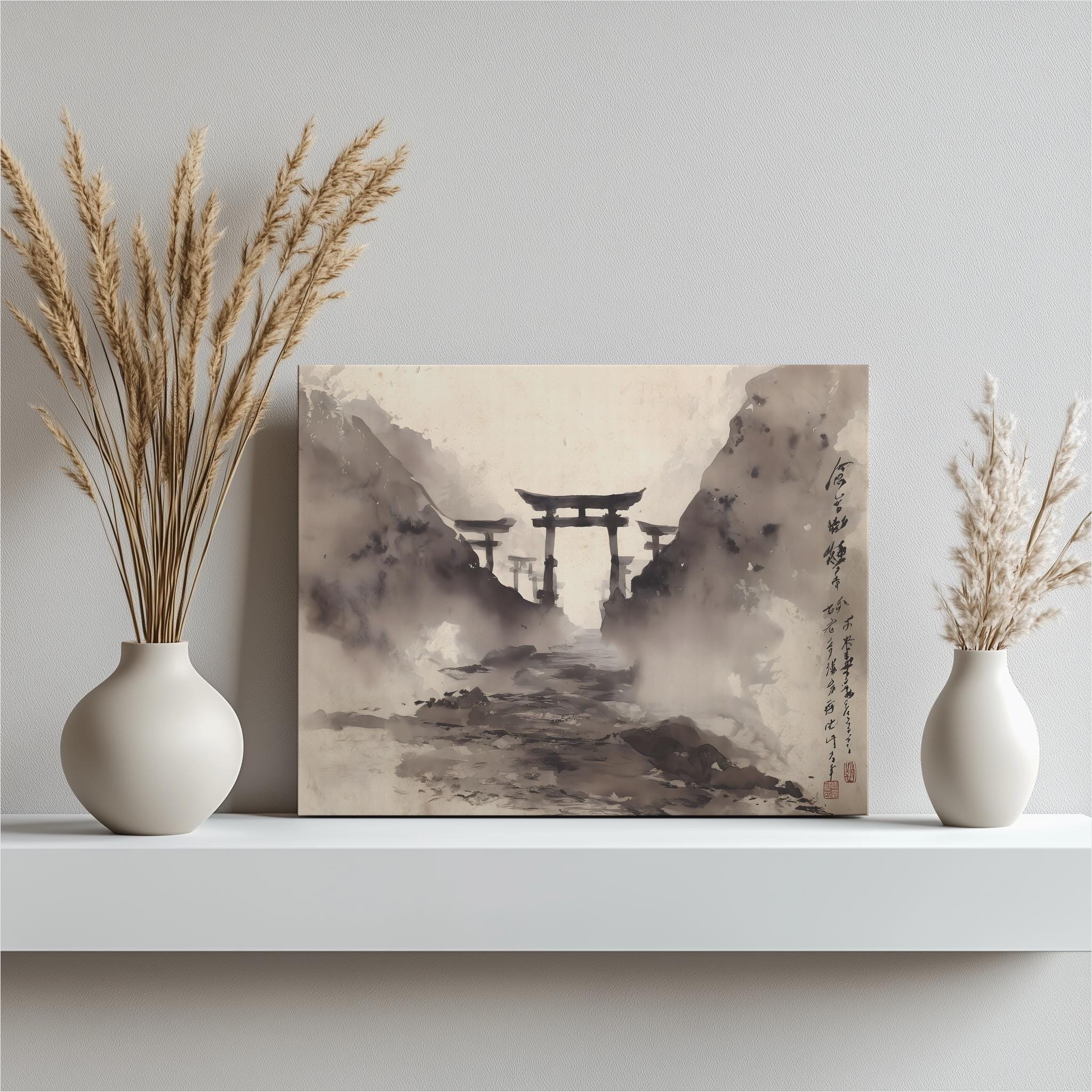 日本の鳥居のキャンバス壁アート - 墨絵と霧の峠、ミニマリスト