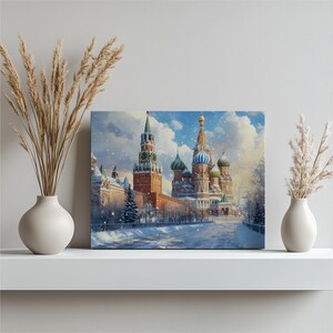 Russia Canvas Wall Art St Basils Cathedral Red Square Moscow Winter Wonderland Scenery Snowy City Skyline Holiday Decor Art Print