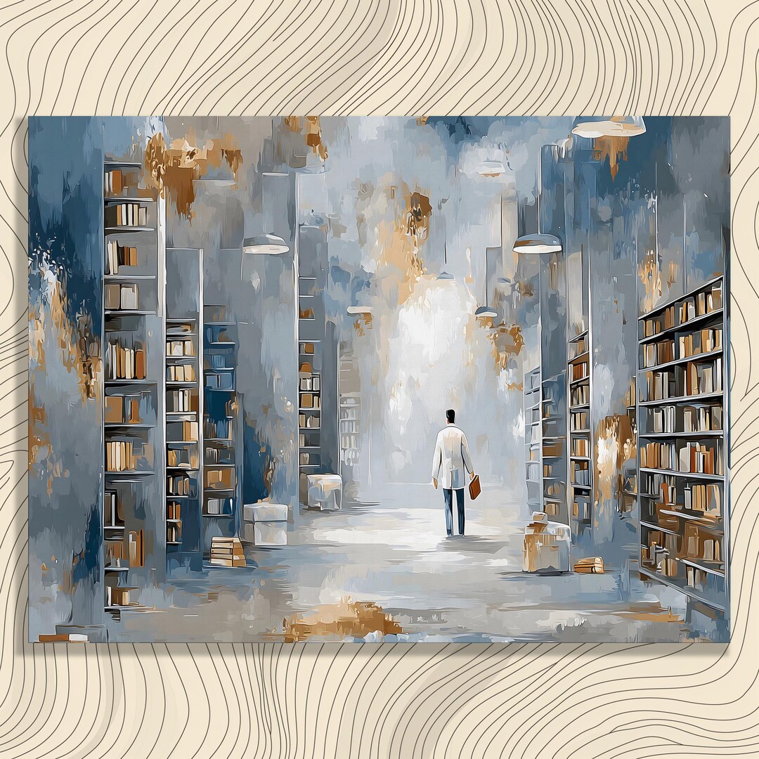 Dreamlike Library Canvas Wall Art - Surreal Blue and Gold Bookshelf ...