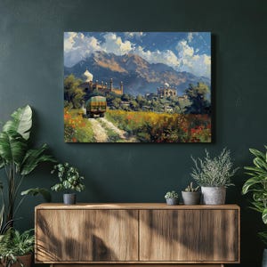 Pakistan canvas wall art, vibrant truck art decor illustration with intricate Mughal architecture, oil painting print, cultural heritage