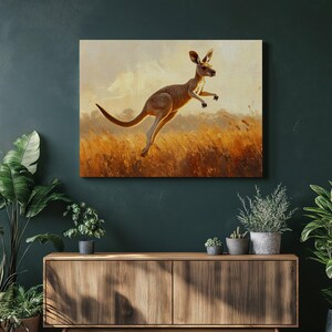 Kangaroo canvas wall art, dynamic outback hopping artwork vibrant earthy tones paint print stylish living room, Prints for Home and Business