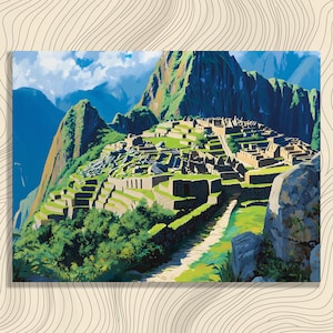 Machu Picchu Canvas Wall Art – Inca Ruins Painting Print Peru Landscape Decor Gift Colorful Mountain Art South America Decor Print