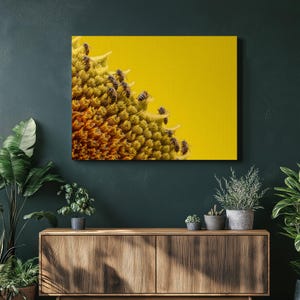 Sunflower Bees Macro canvas wall art – Vibrant nature photography pollination closeup yellow flower wildlife print colorful macro canvas image 1