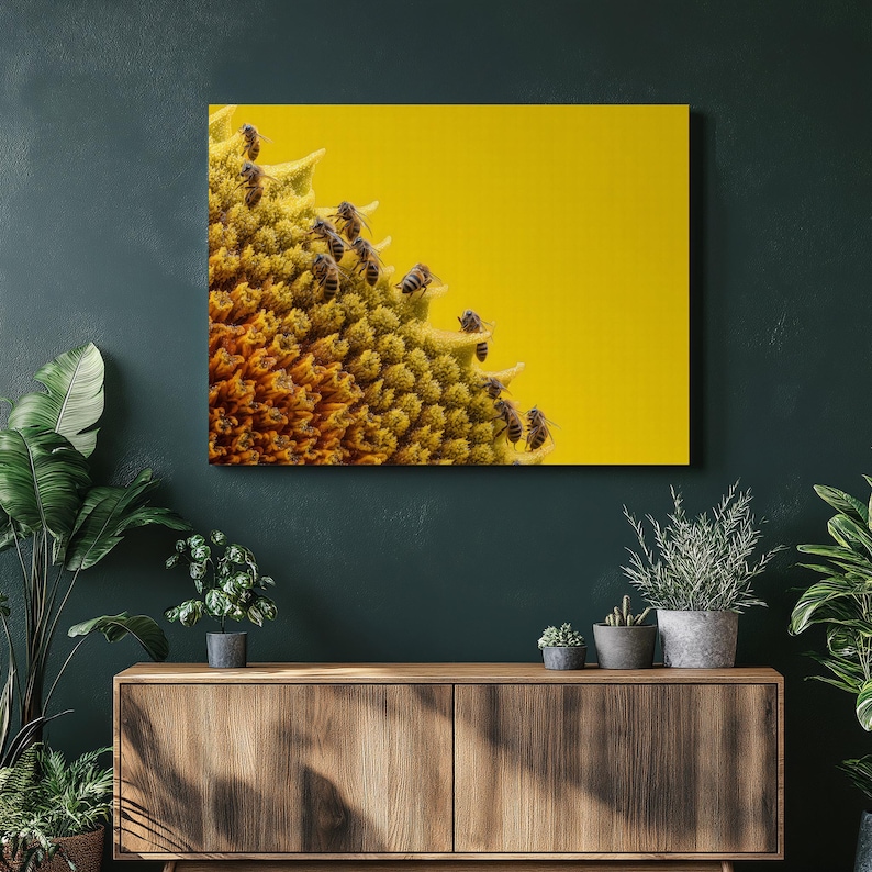 Sunflower Bees Macro canvas wall art – Vibrant nature photography pollination closeup yellow flower wildlife print colorful macro canvas image 1