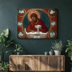 Saint Luke Icon Canvas Wall Art – Byzantine orthodox icon religious artwork traditional painting chalice eucharist manuscript christian