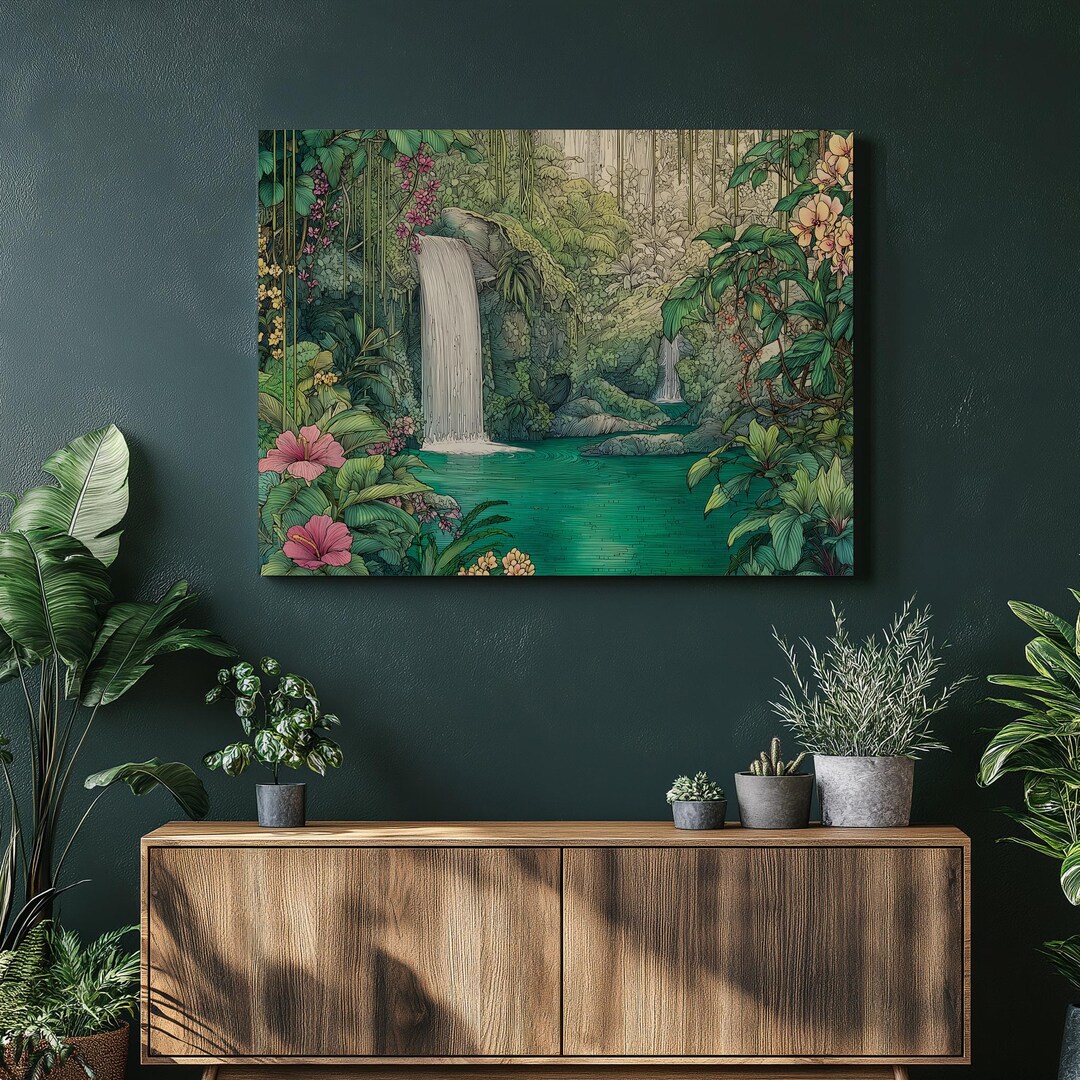 Tropical Waterfall Jungle Canvas Wall Art – Lush Rainforest Painting ...