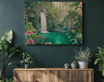 Tropical Waterfall Jungle canvas wall art – lush rainforest painting with trailing vines botanical print tropical wall art coastal decor