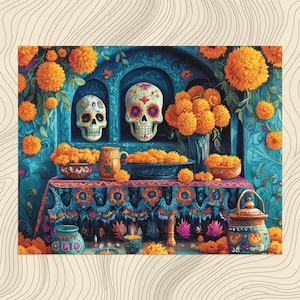 Vibrant Mexico canvas wall art Day of the Dead artwork sugar skulls marigolds altars Mexican folk decor festive spiritual painting, Home Art
