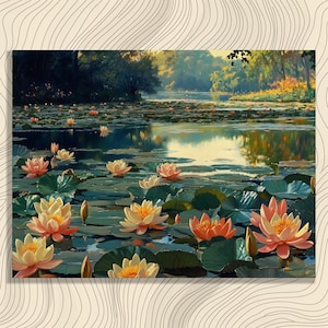 Serene Water Lily Canvas Wall Art – water lily pad print, botanical canvas art, floral canvas, sunlit pond painting