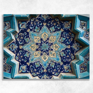 Cuadro decorativo de pared con diseño de mosaico persa islámico geométrico azul turquesa lapislázuli. Elegante decoración de arquitectura histórica. Regalo ideal.