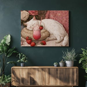 May include: A canvas print showing a white cat asleep on a cushion beside a pink strawberry milkshake. Fresh strawberries are placed around the glass. The background features pink flowers and patterned fabric.